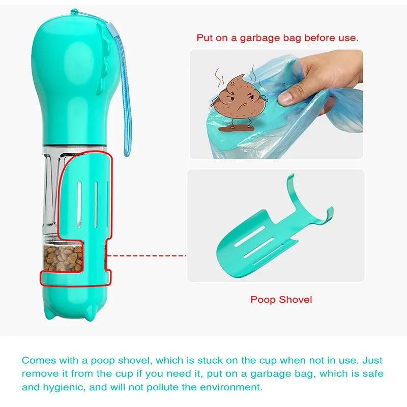 Tragbare Wasserflasche für Katzen und Hunde, Futterspender, Trinker, Kotbeutelspender, 3-in-1, auslaufsicher, multifunktional, für Reisen, Welpen, zum Trinken im Freien