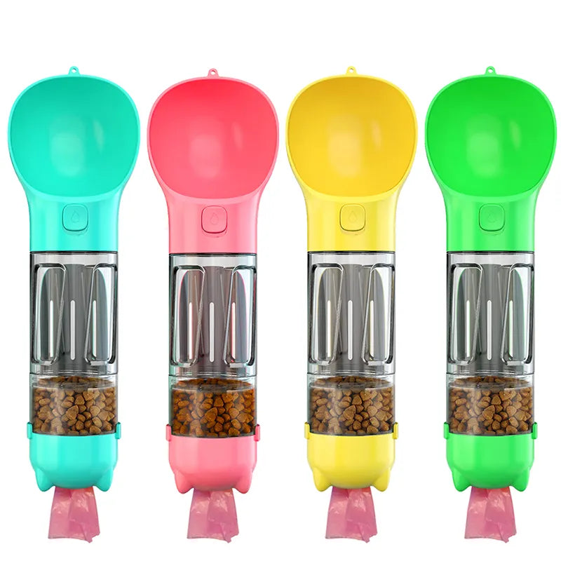 Tragbare Wasserflasche für Katzen und Hunde, Futterspender, Trinker, Kotbeutelspender, 3-in-1, auslaufsicher, multifunktional, für Reisen, Welpen, zum Trinken im Freien