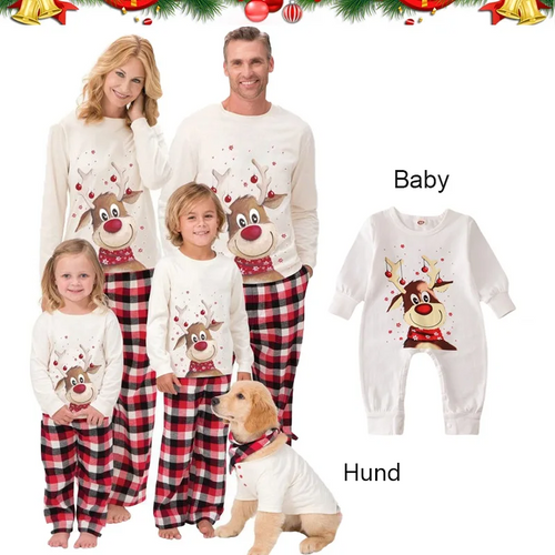 Weihnachtspyjama-Set-Familie mit Rentiermotiv. Sogar für Baby und Hund.